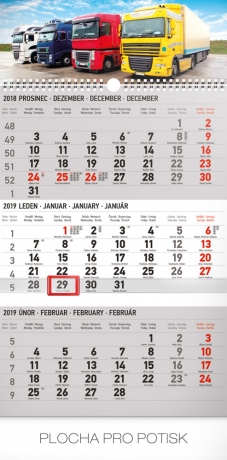 Nástěnný kalendář 3 měsíční truck šedý – s českými jmény 2019, 29,5 x 43 cm