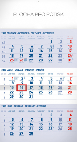 Nástěnný kalendář 3měsíční standard modrý – s českými jmény 2018, 29,5 x 43 cm