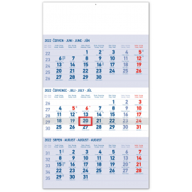 Nástěnný kalendář 3měsíční standard modrý – s českými jmény 2022, 29,5 × 43 cm