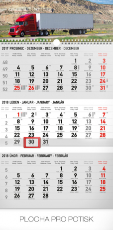 Nástěnný kalendář 3měsíční truck šedý – s českými jmény 2018, 29,5 x 43 cm